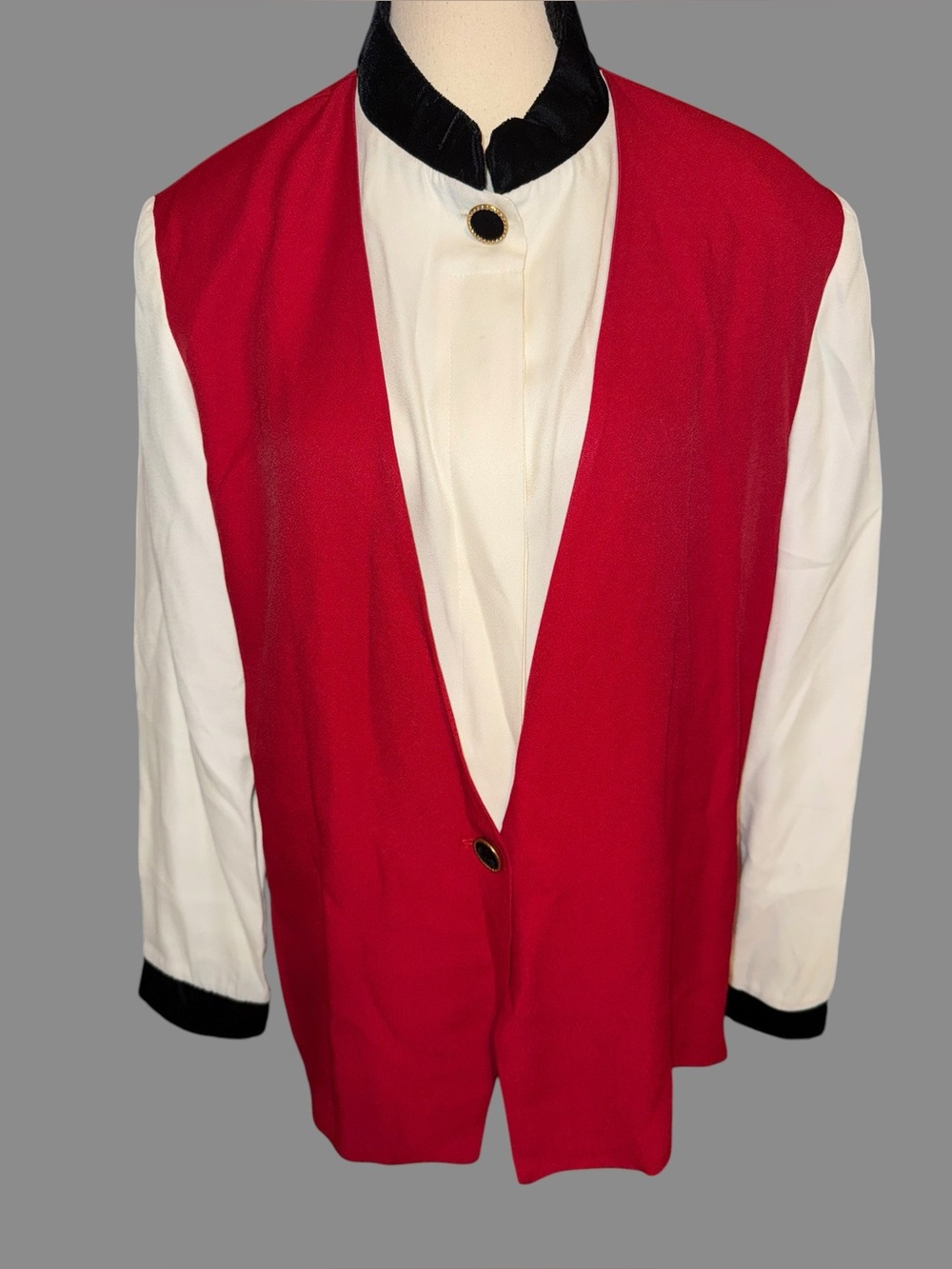 Vintage MAREN Color Block Blazer Jacket Red Black White Velvet Collar 1980’s